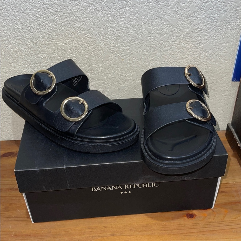Banana Republic Black Sandals with Gold Buckles